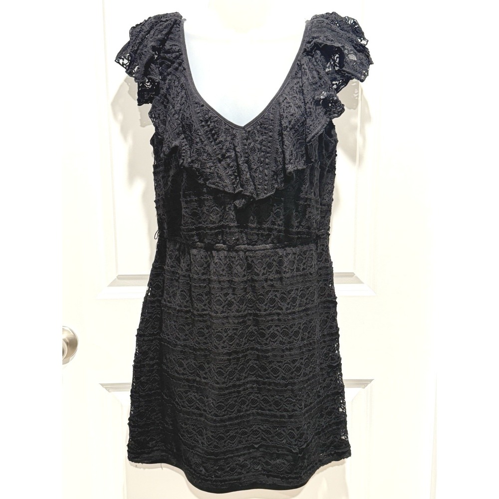 My Michelle Womens Black Lace Ruffle V-Neck Flutter Sleeve Mini Dress Size L